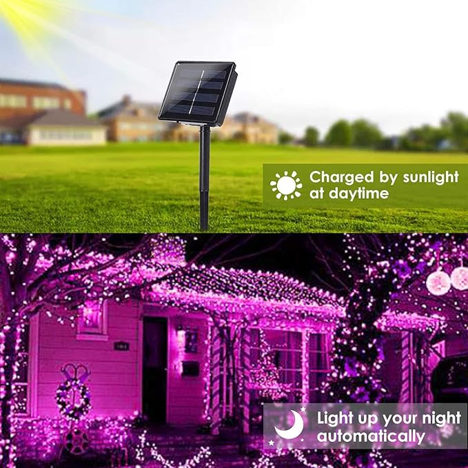 Solar String Lights Outdoor, 2-Pack Total 80FT 200 LED Solar Christmas Twinkle Lights Outside Waterproof Copper Wire 8 Modes Solar Fairy Lights for Garden Tree Party Birthday Christmas Decor (Pink)
