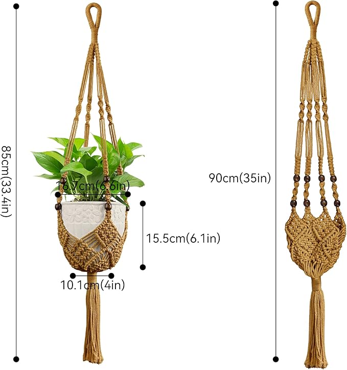 USLAI Macrame Handmade Basket Plant Hanger (2-Pack), for 3-8 Inch Pots, Indoor Outdoor Strong Hanging Planter Flower Pot Holder with Beads and Tassels, Boho Home Decor (POTS NOT Included) (Brown)