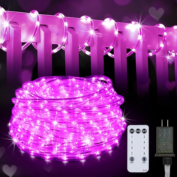 50Ft 600 LED Rope Lights Outdoor, Pink Flexible Tube Light Waterproof Plug in 8 Modes Timer Memory, Permanent String Lights for Tree,Pool, Bedroom, Fence, Garden, Indoor, Outside Decorations