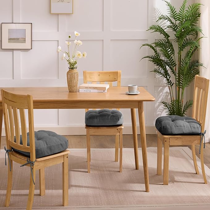 Chair Cushions for Dining Chairs, Dining Chair Cushions, Tufted Indoor Chair Pads with Ties & Non Slip Backing, Seat Cushions for Kitchen Chairs 16.5” x 16.5” x 3.5”, Set of 4, Grey