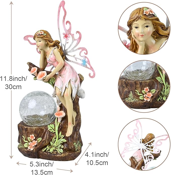 Garden Fairy Statue Outdoor Decor-Solar Flower Fairy Figurines-Garden Fairies Statues Decoration for Outside Lawn Yard Patio,Garden Ornament Gift,Tall 11.8 Inches