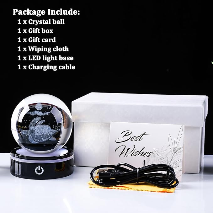 YWHL 3D Sea Turtle Crystal Ball Figurine with LED Base Laser Sea Turtle Gifts for Women Men on Christmas Birthday Decorative Turtle Ball Sea Turtle Glass Globe Night Light for Home Decor (80mm)