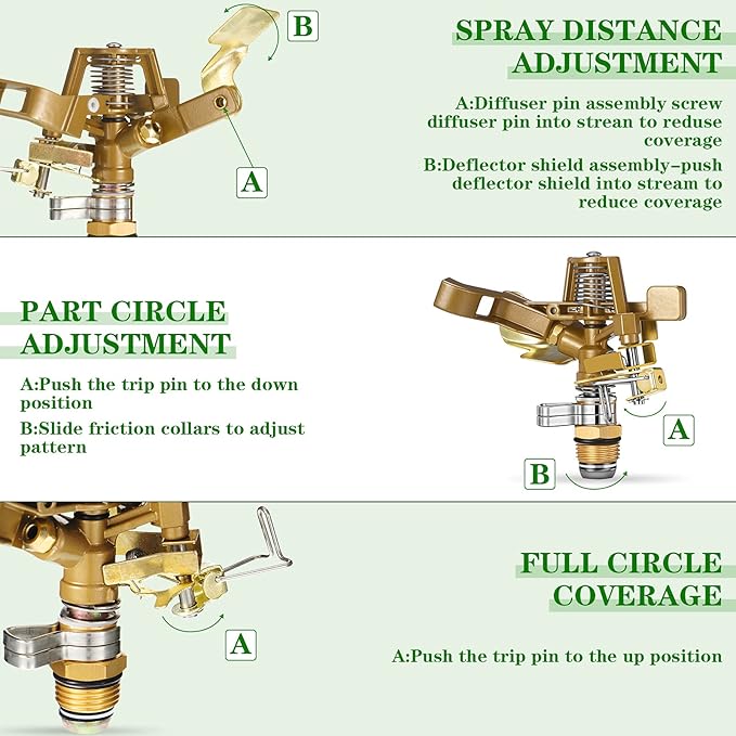 Ferraycle 24 Pieces 1/2 Inch Brass Impact Sprinkler Head with Nozzles Heavy Duty Adjustable 0-360 Degrees Impulse Sprinkler Head Lawn Watering for Yard Irrigation