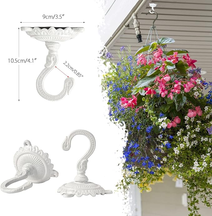 Sungmor Heavy Duty Ceiling Hooks for Hanging Plants, 2PC White 3.5x3.9Inch Large Cast Iron Ceiling Hooks, Antique Decorative Ceiling Swag Hooks for Hanging Planter Chandelier Wind Chime Lantern Hanger