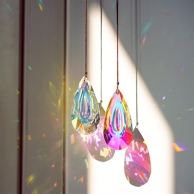 HDCRYSTALGIFTS Set 2,89mm/3.5in Crystals Prisms Suncatcher for Window Hanging Indoor Chandelier Parts Rainbow Maker for Home Garden Decor (AB Colored)