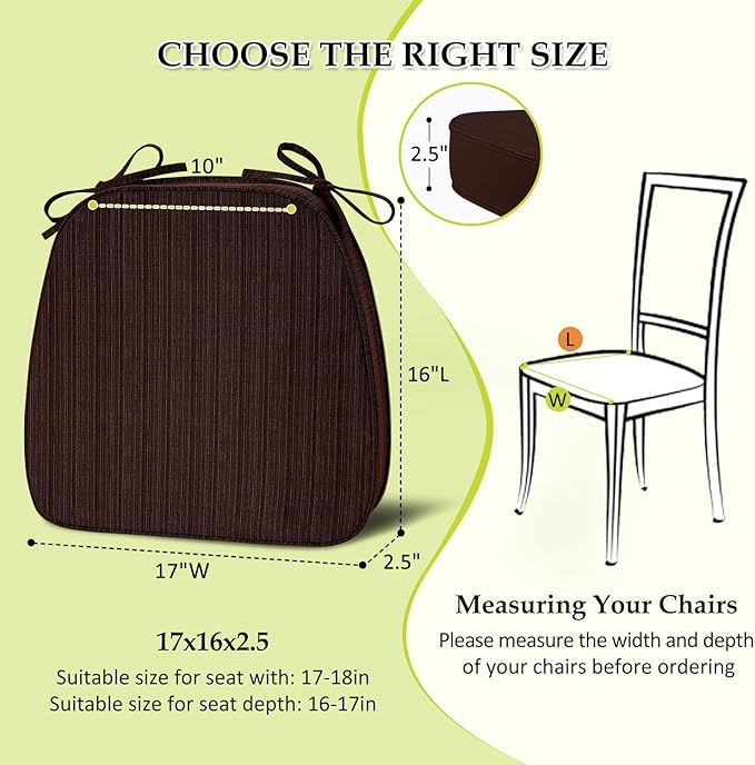 Chair Cushions for Dining Chairs, Indoor Chair Cushions with Ties，Waterproof Chair Pads Set of 6, Brown, 17x16x2.5 Inch