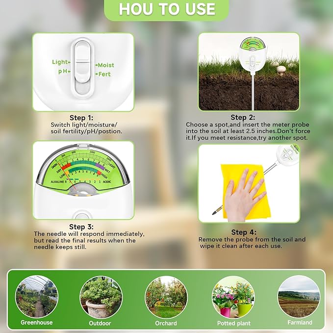 4-in-1 Plant Soil Tester with pH, Moisture, Fertility & Light Meter, Rotatable Dial Soil Test Kit, No Battery Required for Garden, Lawn, Farm, Indoor & Outdoor Plants, White