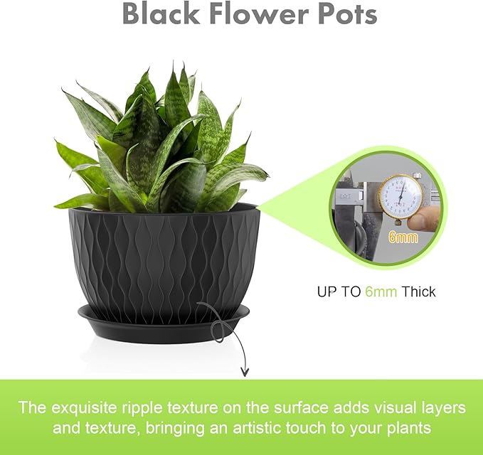 Large Plant Pots 12/10/9 inch, 3 Pack Wide Flower Pots for Outdoor Indoor Plants with Water Ripples, Big Plastic Planters with Drainage Holes and Saucers for Garden House Plants, Black
