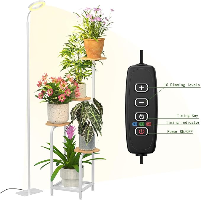 TOSKING 48" Tall Plant Stand Indoor with Full Spectrum LED Grow Lights & Timer – 5-Tier Corner Plant Shelf for Home, Office, Balcony (Grow Light 5 Tier-White)