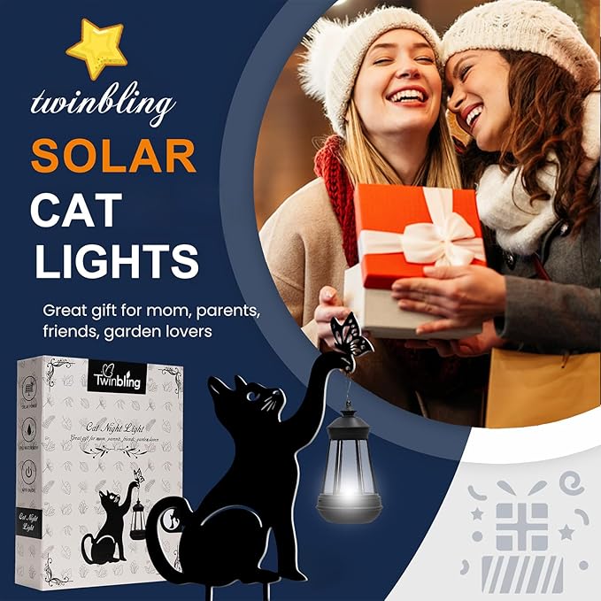 Solar Lights Outdoor Garden Decor - Black Cat Figurine Light Stake with Butterfly Decorative Metal Housewarming Ornament for Yard Pathway Lawn Patio – Unique Gift Ideas for Christmas