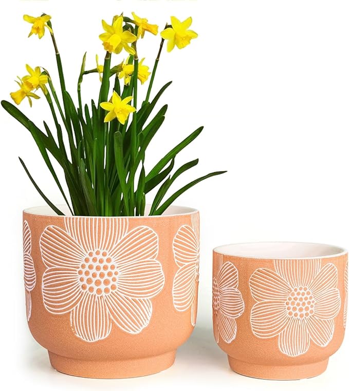 YBX 8 Inch + 6 Inch White Flower Pattern Plant Pots, Sand Glazed Ceramic Planter with Drainage Hole, Flower Pots for Indoor Plants, Orange