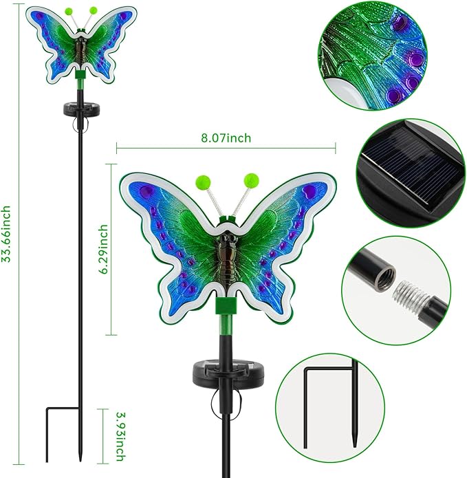 Butterfly Solar Garden Lights, Solar Butterfly Outdoor Lights, Garden Solar Decor for Outside,Solar Neon Lights,Yard Decorations Outdoor (Green,2pack)
