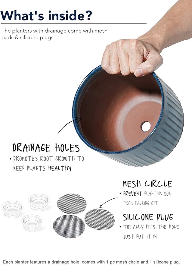 LE TAUCI Ceramic Pots for Plants, 8.3+6.9+5.7 inch Plant Pots Indoor, Flower Pots with Drainage Holes, Medium Cylinder Planters Pot for Indoor House Plants, Set of 3, Glaze Ocean Blue