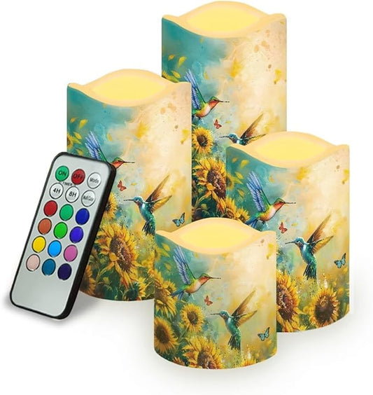 Ystardream Art Sunflower Hummingbird Flameless Candles for Outdoor Indoor Color Changing LED Candles with Remote Timer Battery Operated Candles for Valentines Wedding Home Decoration Gifts