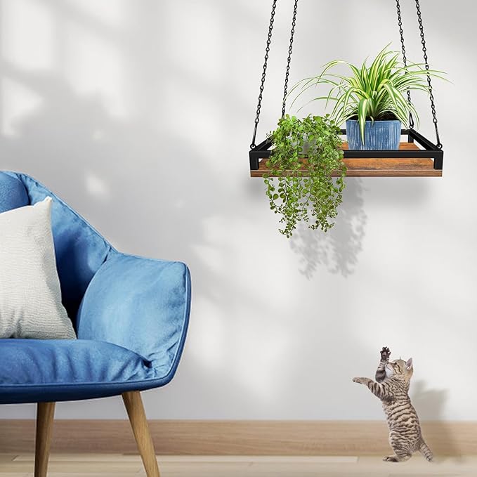 Plant Hanger Indoor, 16" Wooden Hanging Plant Holder with Metal Frame Large Hanging Planter for Indoor Plants Load 50LB Hanging Plant Shelf with 27.6" Long Chain, Ideal for Heavier Pots Window Ceiling