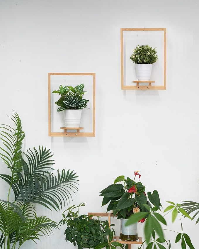 yadoker Wall Planters for Indoor Plants,Bamboo Hanging Plant Holders, Wall Decor Plant Stand, 2-Pack Window Plant Shelves for Living Room & Entryway