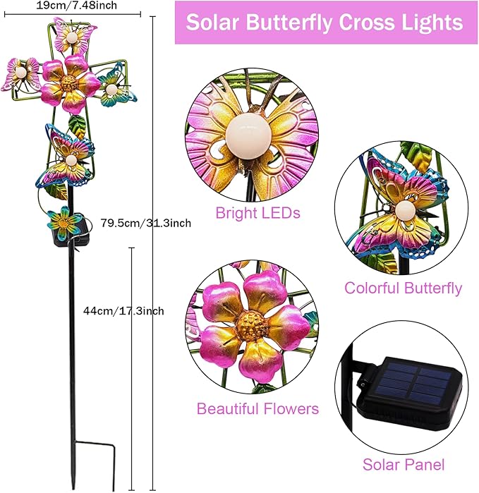 Solar Cross Garden Lights, 2 Pack Solar Butterfly Stake Lights Cemetery Decorations for Grave, Jesus Cross Sympathy Memorial Gifts for Mother Grandma, Metal Garden Art for Yard Lawn Patio Decor