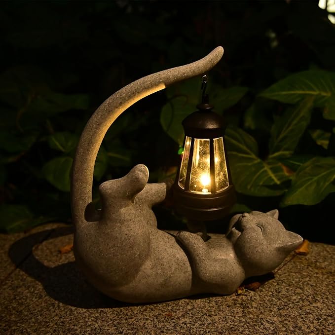 Solar Cat Garden Statue 10 Inch Porch Patio Decor for Outside Yard Decoration Outdoor Unique Housewarming Gardening Birthday Gifts for Cat Lovers Women Grandma