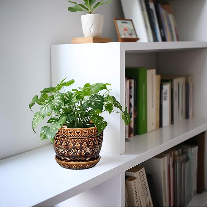 G EPGardening Ceramic Pot for Plants 5.5 Inch - Ceramic Plant Pot with Drainage Hole and Saucer, Boho Round Planter for Indoor Outdoor Plants, Plant Lover Gifts, Office Garden House Decor, Brown