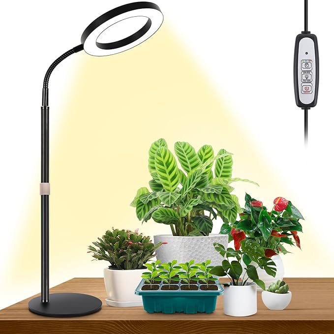 LBW Plant Grow Light, 72 LEDs Desk Halo Grow Light for Indoor Growing, Full Spectrum Grow Lamp with 4/8/12H Auto Timer, 4-Level Brightness, 16"-26" Height Adjustable, Ideal for Indoor Growth, Black