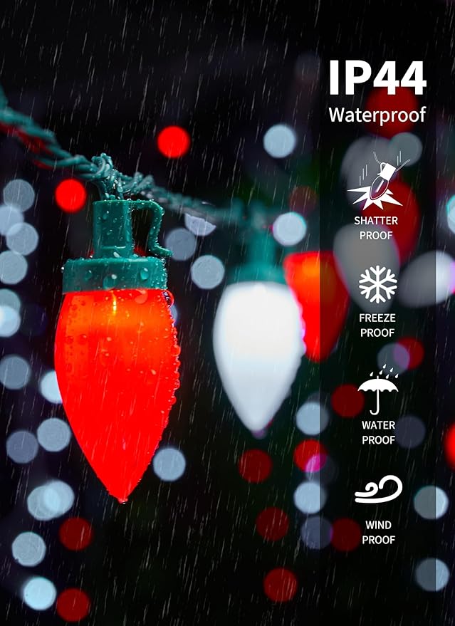 Brightown C9 Christmas Lights Outdoor Waterproof, 66ft Vintage Lights String with 100 Smooth Opaque Bulbs, Plug-in Waterproof Roofline Lights String for Outside Patio Christmas Holiday Decor