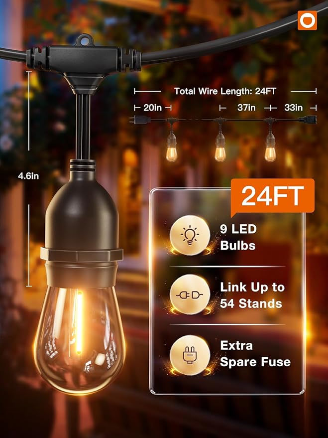 addlon LED Outdoor String Lights 24FT with Edison Vintage Shatterproof Bulbs and Commercial Grade Weatherproof Strand - ETL Listed Heavy-Duty Decorative Cafe, Patio, Market Light
