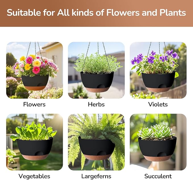 12 Inch Hanging Baskets for Plants Outdoor, Hanging Planters for Indoor Outdoor Plants, Hanging Planter with Self Watering, Hanging Flower Pots (Black)