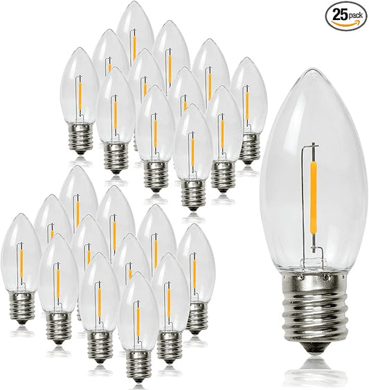 25 Pack C9 LED Replacement Christmas Light Bulbs, Soft White 2700K Waterproof Shatterproof Outdoor String Lights Vintage LED Filament Bulb, E17 Base, Commercial Grade Holiday Decoration Bulbs