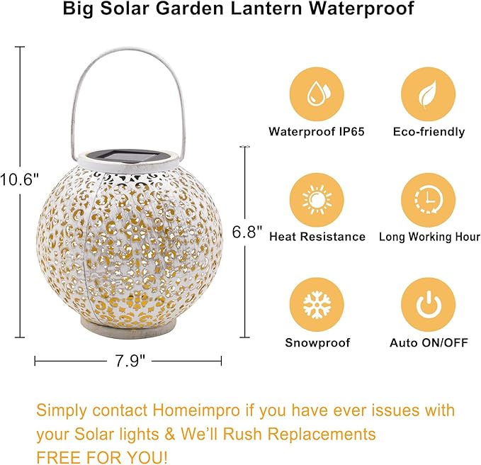 Outdoor Solar Big Lantern Waterproof Hanging Garden Decorative Metal Lights LED Table Lamp,Yard Patio Decor, Christmas Gifts for Mom (White,1Pack)