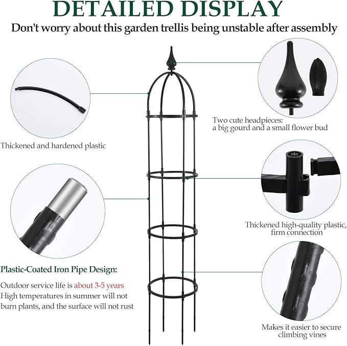 Obelisk Trellis for Climbing Plants Outdoor 6.6ft, Garden Tower Trellis for Potted Plants Indoor with Twist Tie, Clips and Butterflies Rustproof Coated Metal Support for Vines Rose 2Pack