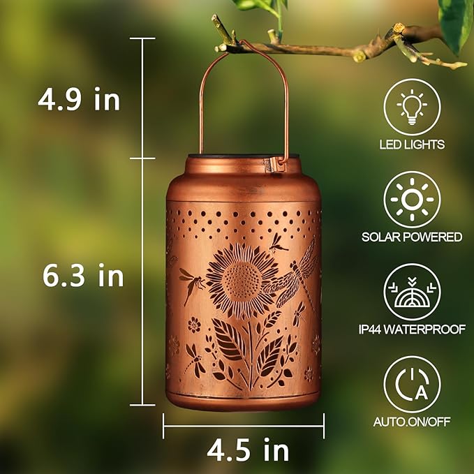 Solar Lanterns Outdoor Waterproof Hummingbird Garden Decor Christmas Gifts for Women Mom Grandma Hanging Lights Metal Decoration Outside for Yard, Patio,Backyard,Porch(Dragonfly and Sunflower)
