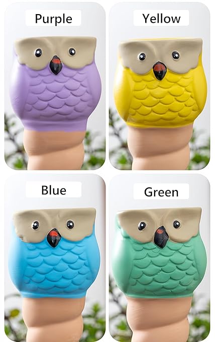 4 Pack Plant Watering Devices, Animal Shape Terracotta Watering Spikes, Vacation Self Watering Planter Insert, Automatic Plant Waterer for Indoor Outdoor Plants (Owl-Grey Eye)