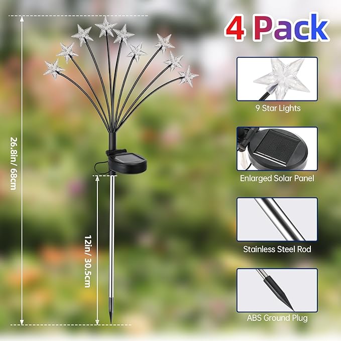 4th of July Decorations Solar Garden Lights, Fourth of July Red White and Blue Light Solar Lights Outdoor, Waterproof Patriotic Decor with 9 LED 2 Lighting Modes for Independence Day, 4 Pack