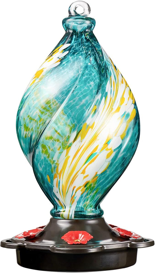 LUJII Ice Cream Shaped Spiral Hummingbird Feeder for Outdoors Hanging, Hand Blown Glass, 28 fl.oz, Leak Proof & Rustproof, Includes an Ant Moat with Hook, Unique & Stylish Glass Art & Decor (Teal)