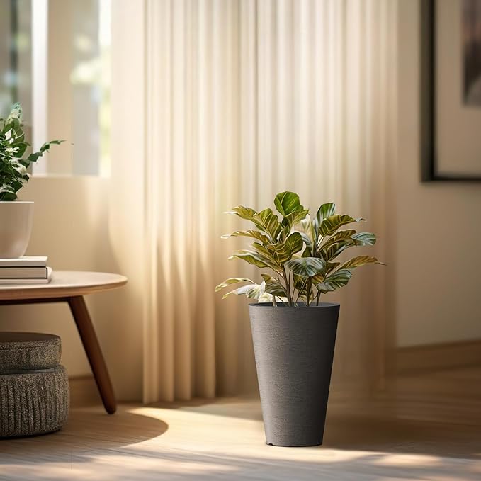 Kante Tall Round Planter Set of 2, 13 Inch Tall Decorative Planter Pots for Outdoor Indoor Garden Patio Front Porch (Black)