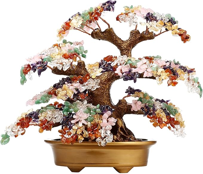 Feng Shui Money Tree Large Pine Tree Style Crystal Quartz Lucky Tree Gem Tree for Office Home Feng Shui Decoration for Wealth/Fortune and Luck (Multicolored)