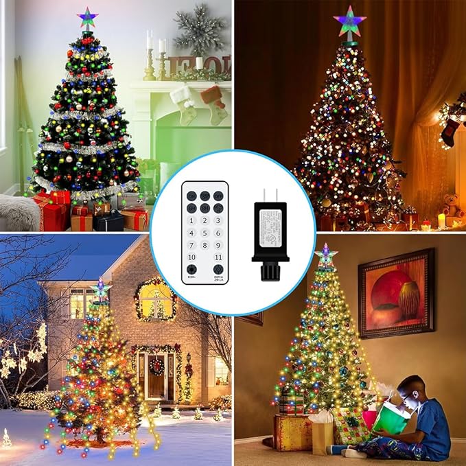LED Christmas Tree Lights for Garden Decor, 6.6 FT 16 Lines Warm White & Multicolor String Lights with Star Topper, Christmas Ornaments Lights with Timing Function & 11 Modes Remote Control