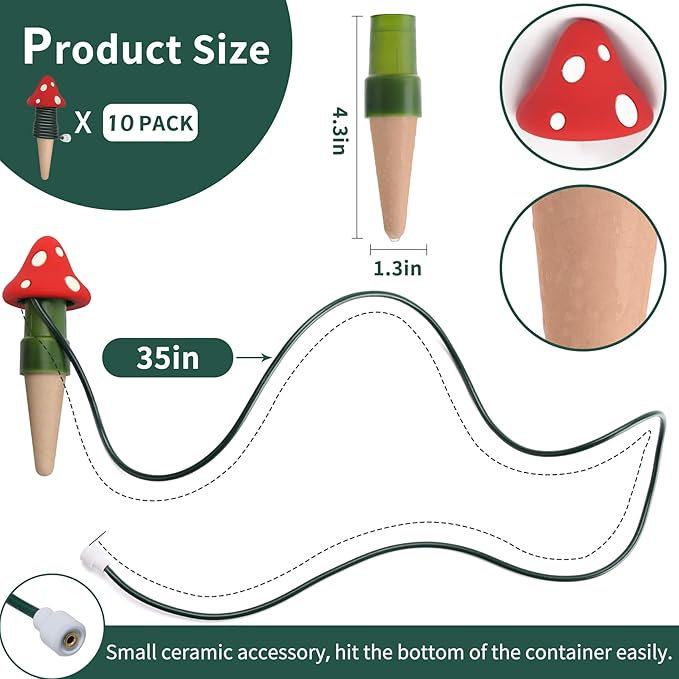 BYDOLL Plant Self-Watering Stakes Automatic Watering Terracotta Spikes for Indoor Outdoor Plants,Houseplant Mushroom Insert Devices for Vacation use,Bonsai Drip Irrigation System (10 Pack)