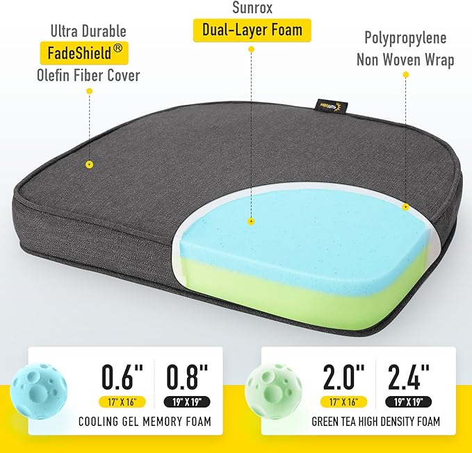 SUNROX Gel Memory Foam Chair Cushions, FadeShield Water-, Stain-Resistant Durable Reversible Seat Cushion Pads with Ties for Indoor/Outdoor Kitchen Dining Office 17"x16" Set of 6, Midnight