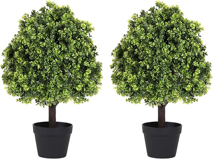 27“ Realistic Artificial Boxwood Topiary Trees Set of 2, Faux Boxwood Plants Outdoor UV-Resistant, No Maintenance Curb Appeal Fake Evergreen Bushes & Shrubs for Front Porch Outside Planter Decor