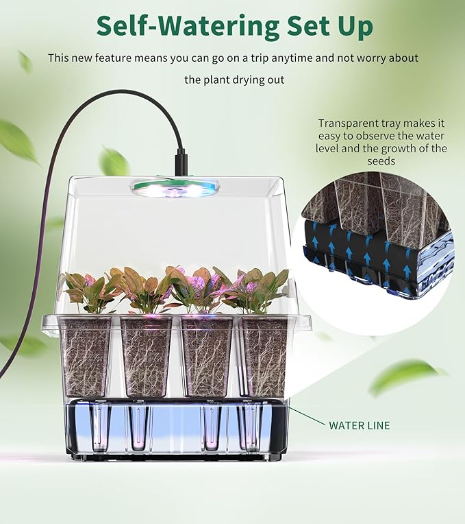Seed Starter Tray, 60-Cells Seedling Starter Trays with Grow Light, Self-Watering Seed Germination Kit for Indoor Gardening Seed Starting (5 Pack, Clear Base)