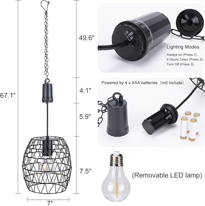 Larekook 6 Hours Timer Battery Operated Outdoor Hanging Light — Outdoor Indoor Pendant Chandelier Waterproof Porch Gazebo Patio Pendant Lantern Chandelier Lighting-Out Auto On/Off