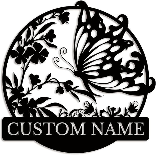 Custom Butterfly Metal Sign,Personalized Butterfly House Number Signs,Personalized Gardener Name Sign,Garden Patio Wall Decor (Style-3)