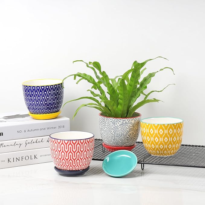 Selamica Ceramic Plant Pots, 4.6 Inch Flower Pots for Indoor Plants, Succulent Pots with Drainage Hole & Saucer, Succulent Planters for Succulent Cactus, Home Decor, Set of 4, Assorted Colors