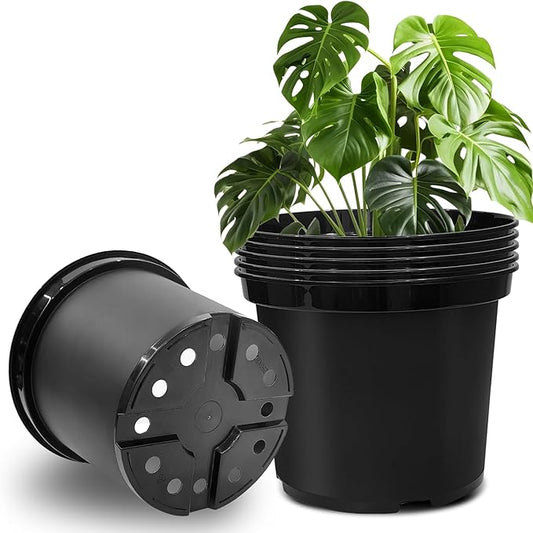 5 Gallon Nursery Pots, 12 Inch Thickened Plant Pots with Drainage Holes, Plastic Round Flower Pots for Outdoor Indoor Plants (6-Pack, Black)