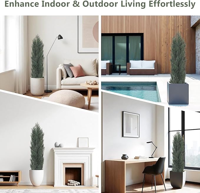 THE BLOOM TIMES 5ft Topiary Trees Artificial Outdoor – UV Resistant Faux Cedar Pine Cypress Bushes and Shrubs, Fake Potted Plants for Front Porch Outside Planter Patio Decor, Set of 2 (5 Foot)