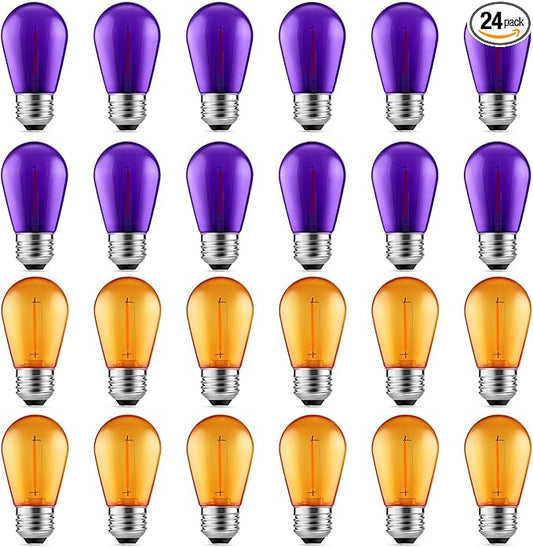 Meconard S14 Purple and Orange LED Light Bulbs, 24Pack 1W Plastic Shatterproof Waterproof LED Bulbs for Indoor Outdoor String Lights, E26 Base, Halloween Decoration, String Light Replacement Bulbs