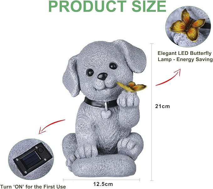Solar Dog Statue Garden Decor with Butterfly Light – Waterproof Outdoor Yard Art for Patio, Lawn, Balcony for Mother’s Day, Father’s Day, Housewarming, Mom, Dad, Grandma, Men, Women