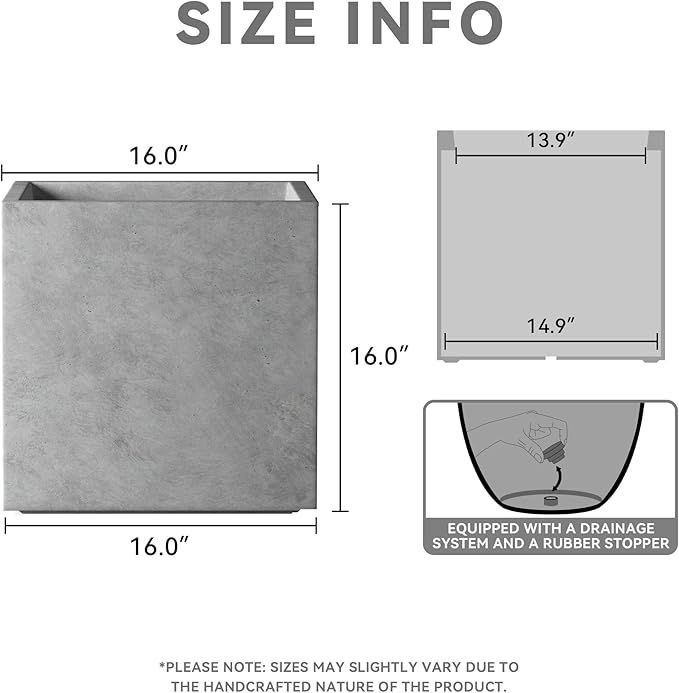 Kante 16 Inch Square Concrete Planter for Outdoor Indoor Home Patio Garden, Large Plant Pot with Drainage Hole and Rubber Plug, Natural Concrete
