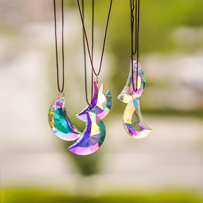 6pcs Colorful Crystal Faceted Half Moon Prisms Chandelier Lamp Lighting Drops Pendants Prisms Hanging Crystals Suncatcher for Window Garden Home Decoration
